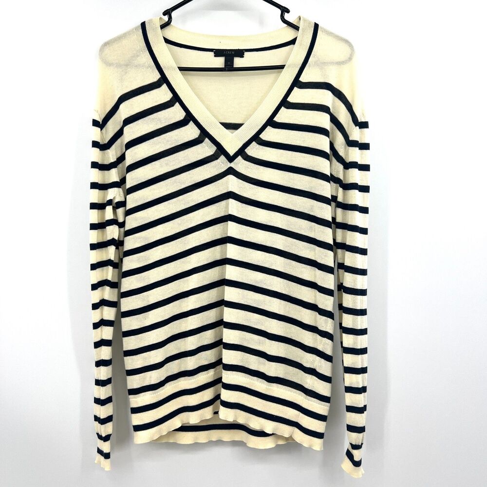J.Crew Womens M Striped V-Neck Sweater Cream Navy Cotton Lightweight